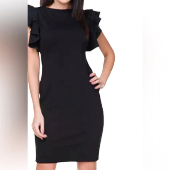 Frank Lyman Black Fluttered Ruffles Floral  sleeves cocktail Lycra dress Sz 8 - Picture 15 of 15